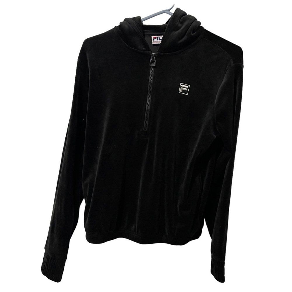 Fila Hoodie Women XS Black Logo Embroidered Sweatshirt Pullover Full Zip‎ Up